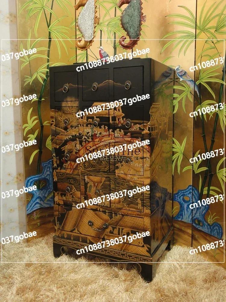 Classical New Chinese Culture Black Painting, Living Room Entrance Five Bucket Cabinets Decorative Cabinets