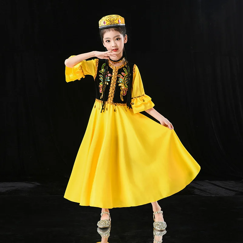 Costumi di danza uigura dello Xinjiang per ragazze Costume di danza popolare di minoranza nazionale antica Abbigliamento da ballo moderno per bambini