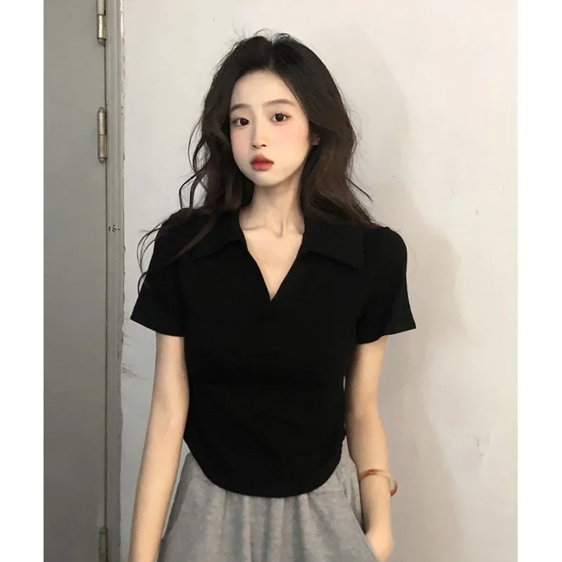 Polo Collar Shirt Short Sleeve Women\'s Cropped T-Shirt Crop Top Slim High Waist Simple Casual Style Summer 2023 New Style