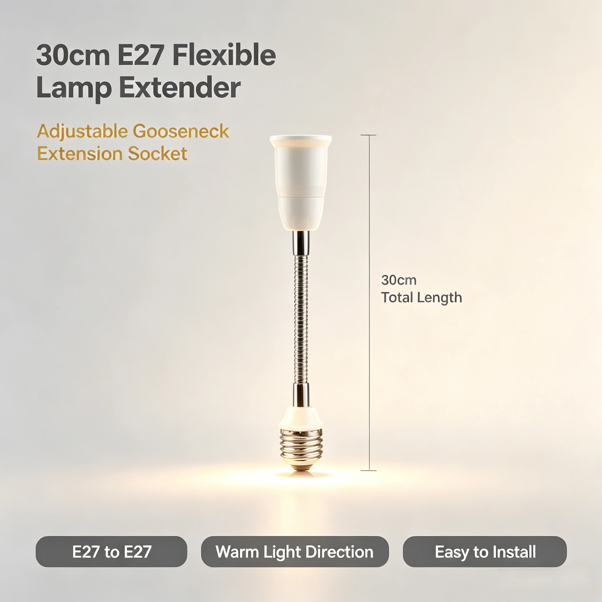 JOYINLED 20/30cm E27 Flexible Light Socket Extender/Adjustable Bulb Extender for Home Light Fixture Adjustable E26/E27 Gooseneck