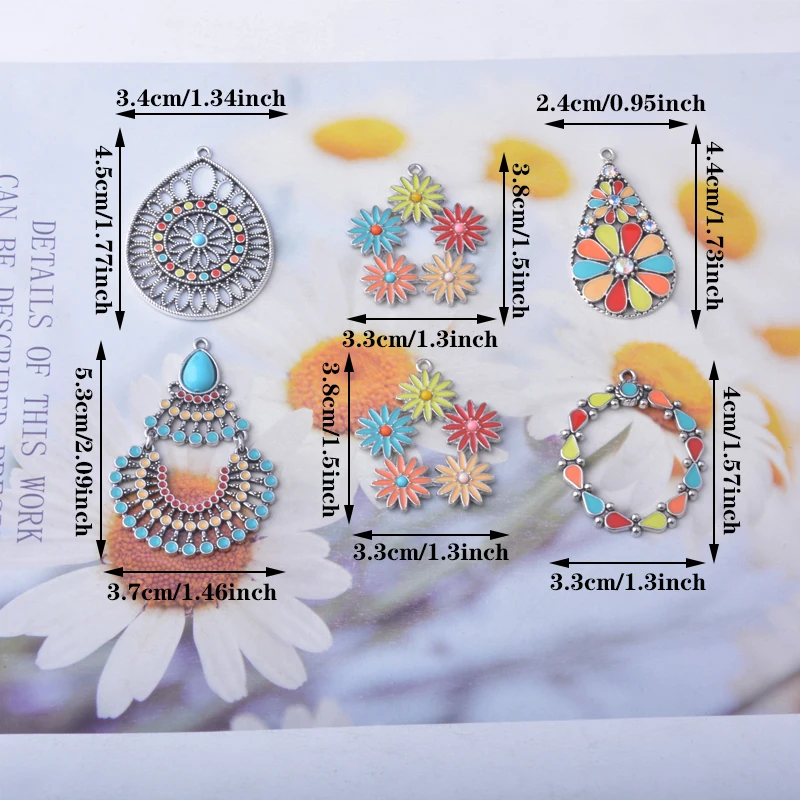 10 Stück Boho Zinklegierung Ohrringe Blumenanhänger Retro-Stil Anhänger-Set DIY Damenohrringe – Detail 4