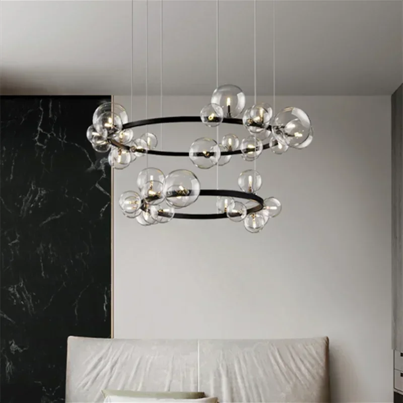 LED Clear Glass Ball Chandelier Creative Circle Hanging Light for Dining Room Kitchen Studio Living Room Cafe Decor
