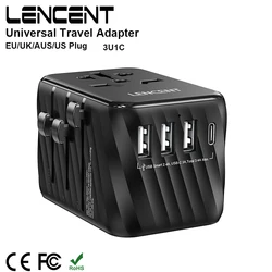 LENCENT Universal Travel Adapter with 3 USB Ports Type C Fast Charging All-in-one Power Adapter EU/UK/USA/AUS Plug for Travel