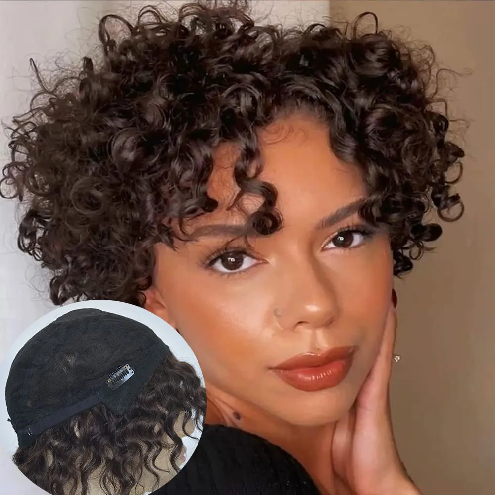 Pelucas rizadas cortas para mujeres negras, cabello humano sin pegamento, cabello rizado profundo para hombres, sin encaje frontal, Color marrón, peluca de densidad ligera