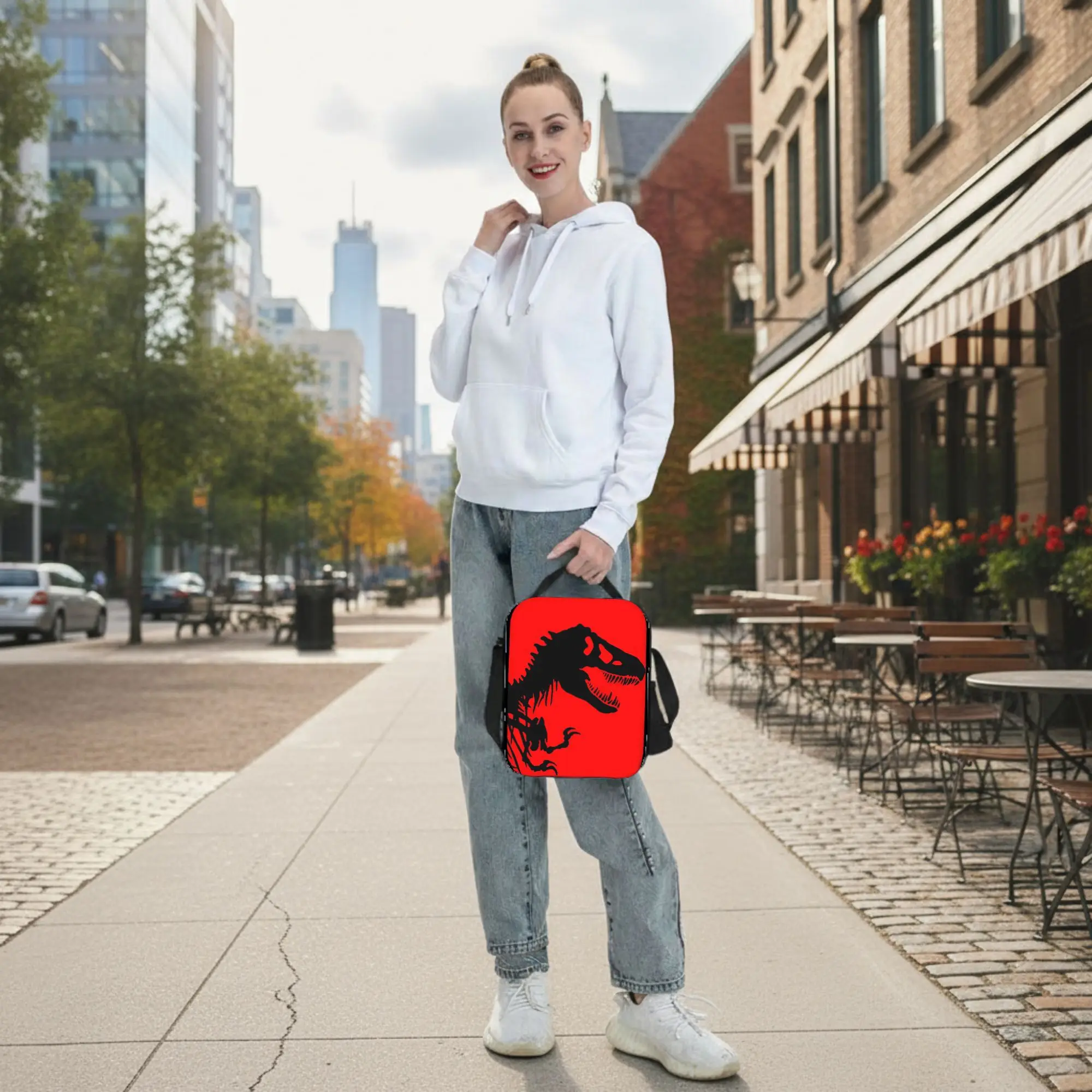 T-Rex Skeleton Print Tote Bag Oxford Fabric Insulated Lunch Bag for Work Office Travel Daily Use