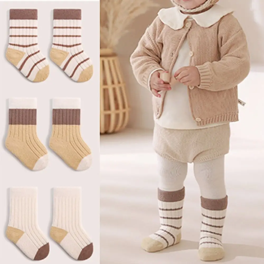 3Pair Fashion Cartoon Striped Baby Socks Thickened Keep Warm Toddler Thermal Footwear Soft Newborn Boy Socks Winter