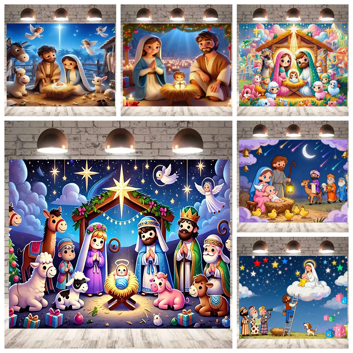 Christmas Religious Background Decoration Supplies Cartoon Fun Starry Night Jesus photography Backdrop Banner Baby Shower Gifts