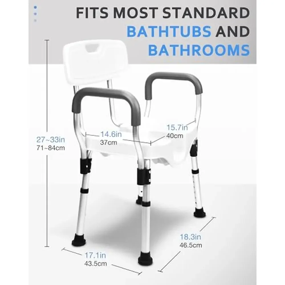 Heavy Duty U-Shape Seat Shower Chair with Arms Removable Back Adjustable Legs Non-Skid Tips Anti-Slip Design 330lbs Capacity