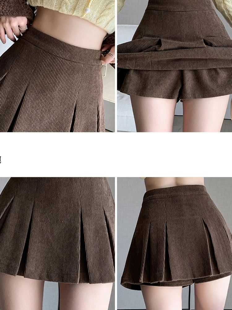 American Retro Autumn Winter Corduroy Short Pleated Skirt Woman College Style Sweet Y2k Mini Skirts Female
