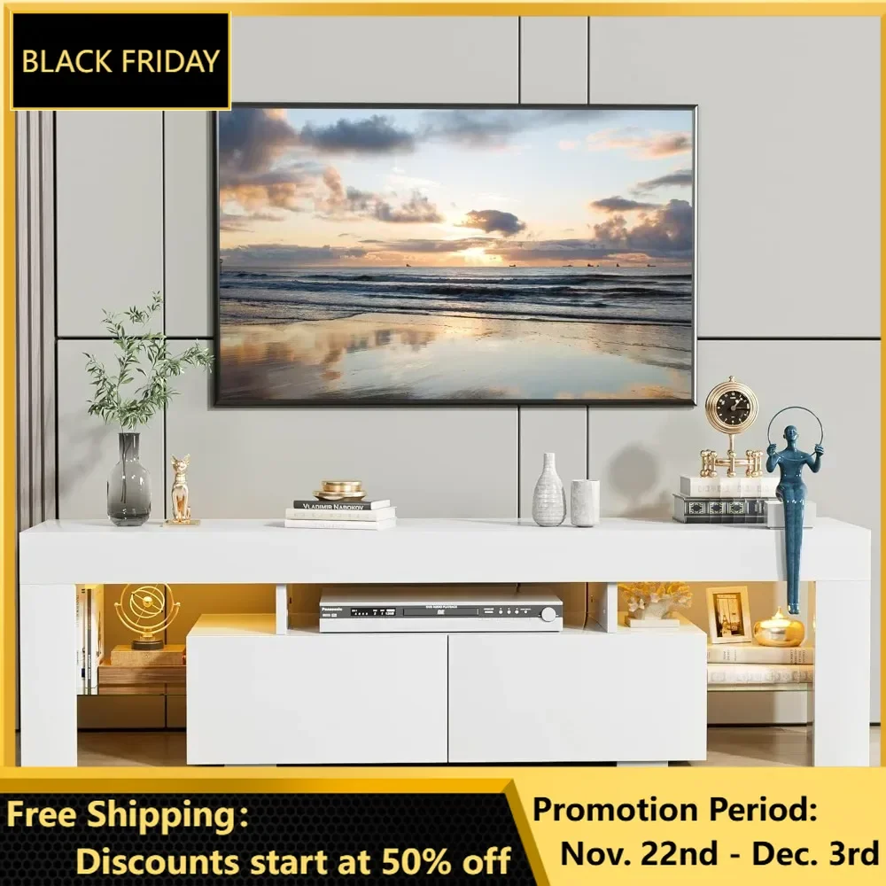 TV Stand, Modern Entertainment Center Media and Open Shelf Console Table Storage Desk with  Drawer and Remote Control LED Lights