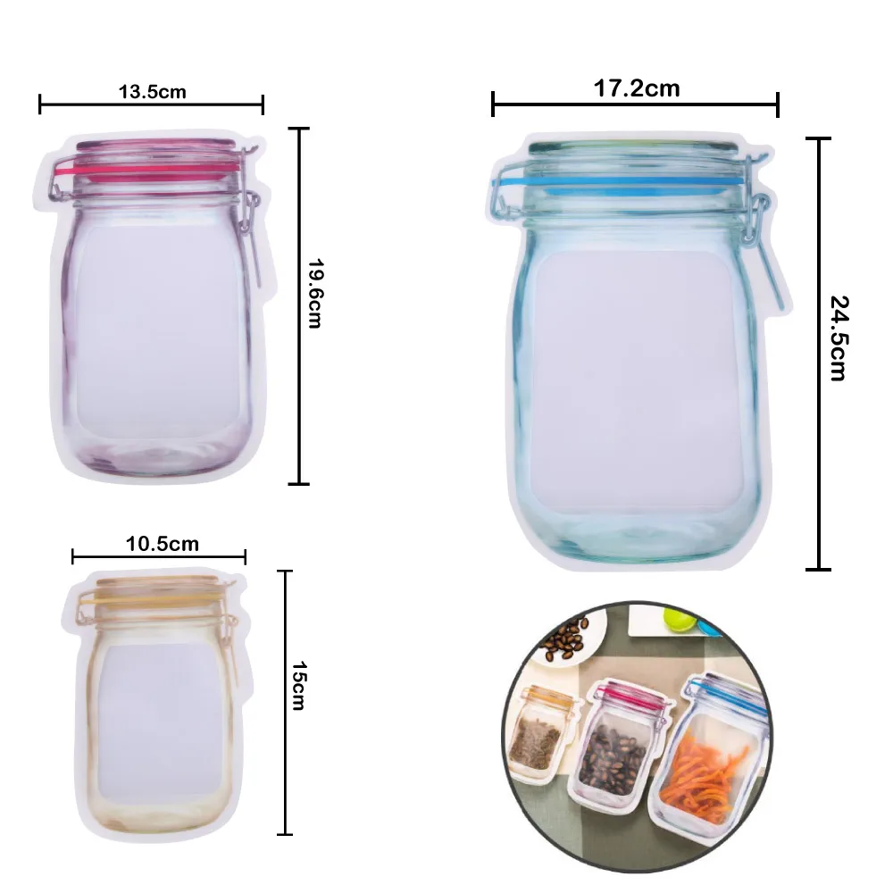 20Pcs Reusable Mason Jar Bottles Bags Seal Fresh Food Zipper Bag Nuts Cookies Snacks Ziplock Bag Kitchen Storage Organizer