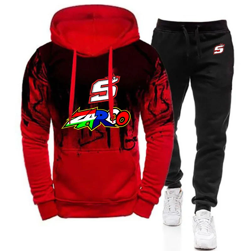 2024 Spring Autumn Men's Moto Rider JOHANN ZARCO No. 5 Logo Print Gradient Color Hoodies+Drawstring Sweatpants Sports Cotton Set