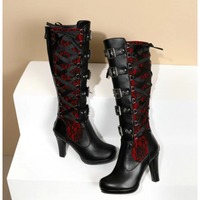 High-heeled boots Platform Boots for Women Lace Up Chunky High Heel Mid Calf Boots Narrow Band Bow Knot Goth Gothic Shoes 2025