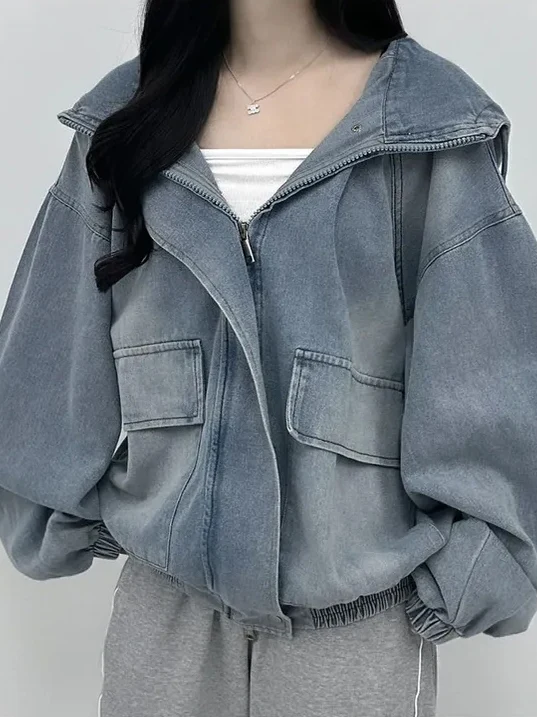 

Джинсовый тюнер в стиле ретро, женский свободный крой, с капюшоном на молнии, хлопковый повседневный топ с капюшоном и осенней одеждой, повседневная одежда