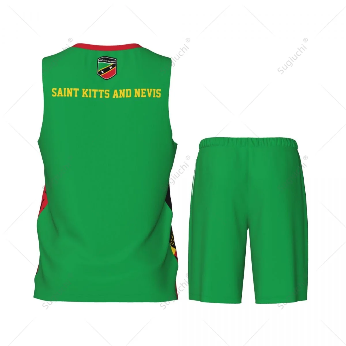 Team-Up Saint Kitts En Nevis Vlag Graan Heren Basketbal Jersey Set Shirt & Broek Mouwloze Aangepaste Naam Nunber Exclusief