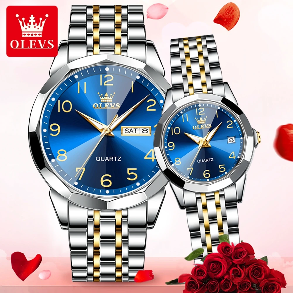 OLEVS 9970 nummerschaal quartz paar horloges datum kalender waterdicht horloge voor mannen vrouwen ruit spiegel roestvrij stalen horloge