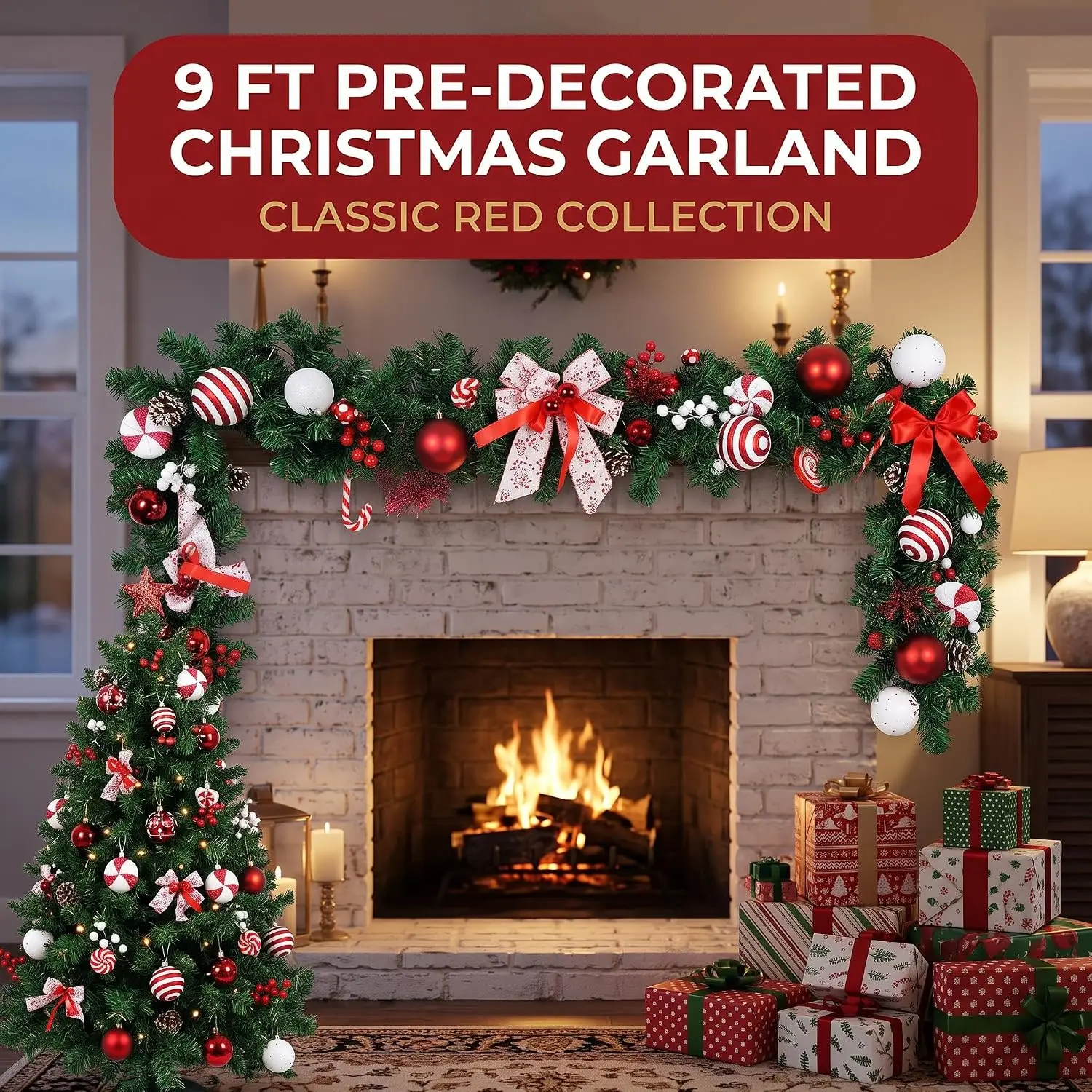 Garvee 6/9ft Christmas Garland Wreath Artificial Pine with Pinecones and Berries Xmas Tree Hanging Ornaments for Home Outdoor Yard Party Door Fireplace Stair Decoration