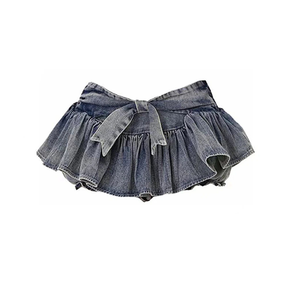 

S-3XL Women's Sweet Bowknot Denim Skirt Slim High Waist Hollow Out A-Line Mini Shorts Skirt Fashion Female Summer Jean Culottes