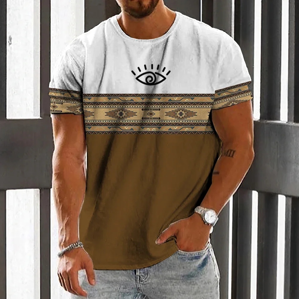 

Men's Beige Ethnic Striped Split T-Shirt Evil Eye Graphic Short Sleeve Daily Casual Top