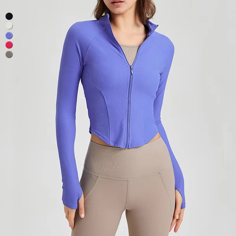 

Slim Fit Zipper Running Jacket Women Solid Color Ribbed Long Sleeve Yoga Top Breathable Super Stretch Gym Coat Sportswear