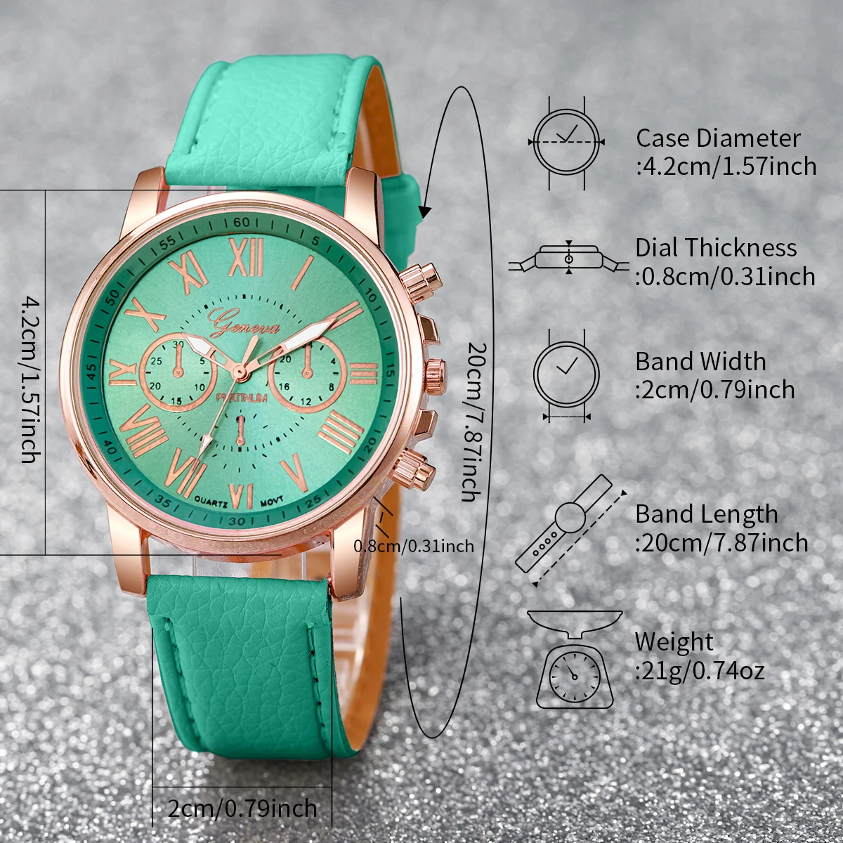 5PCs/Set Mint Green Fresh Fashion Watch Three Eyes dial Leather strap Quartz Watch Cat Eye Jewelry Set