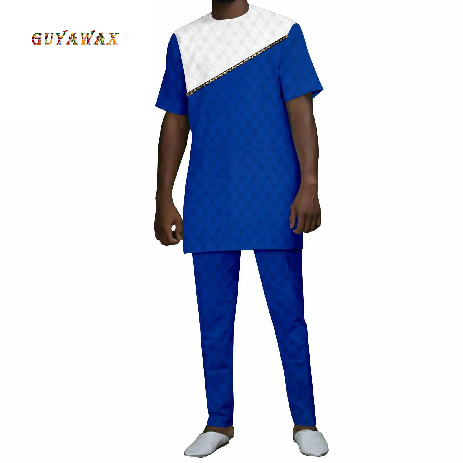 

Sale Bazin Riche African Men Clothing Dashiki Shirts Pants Set Print Outwear Clothes Ankara Fabric Short Sleeve Zip Blouse Set