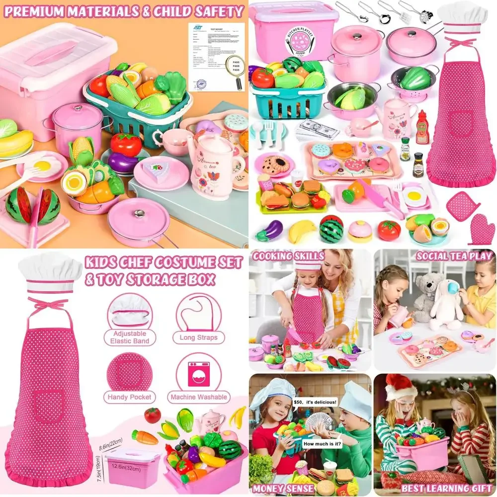 

121Pcs Play Kitchen Accessories, Kids Kitchen Playset, Pretend Play Food Tea Party Set, Toy Kitchen Kids Cooking Real with Apron