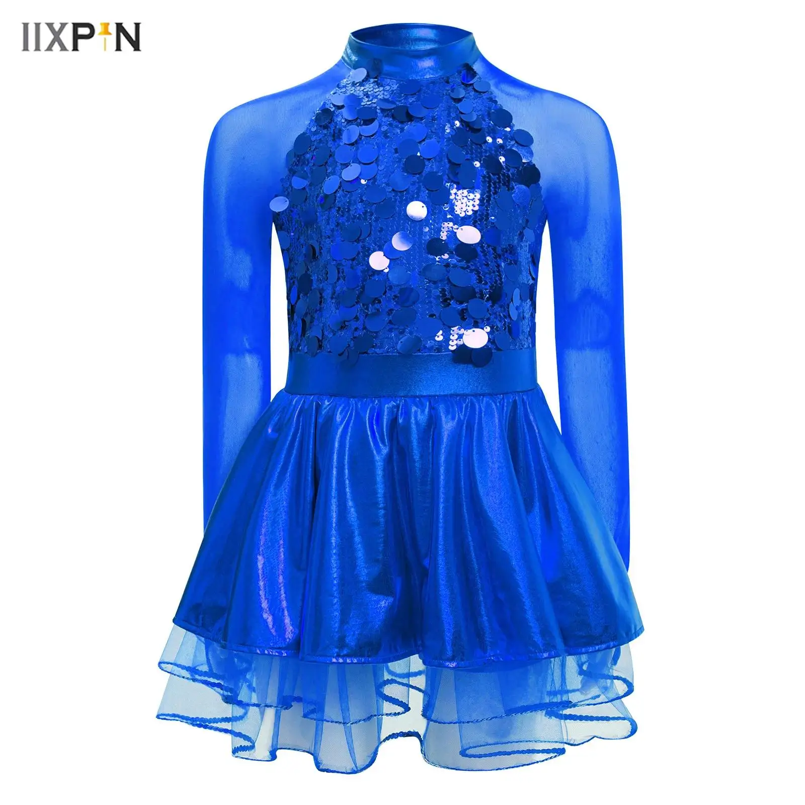 

Kids Girls Ballet Tutu Dresses Sparkling Sequins Metallic Jazz Dance School Performance Costume Sheer Mesh Long Sleeves Dress