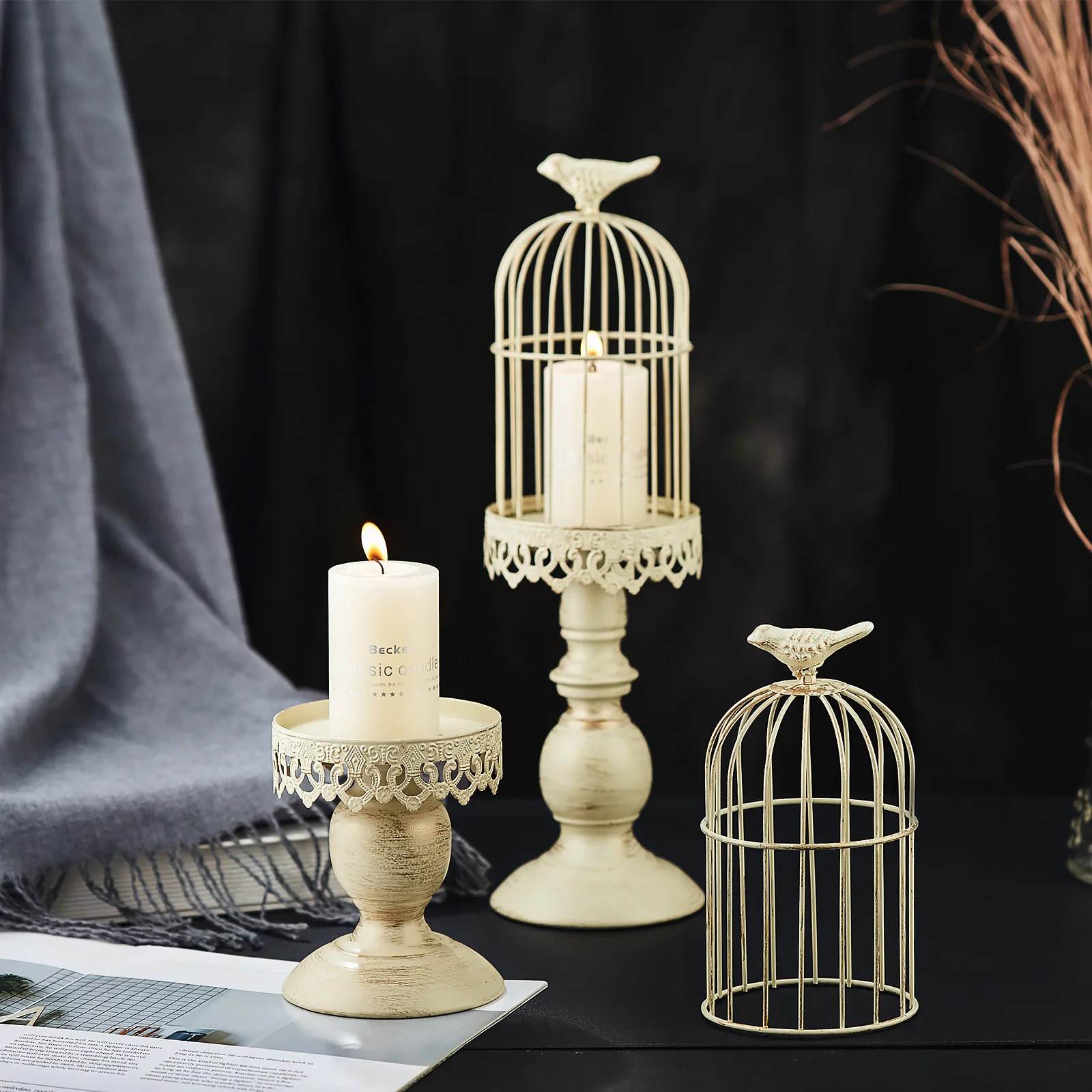 The product can be customized. Bird cage candlestick decorations, European style iron art candlestick photography, wedding