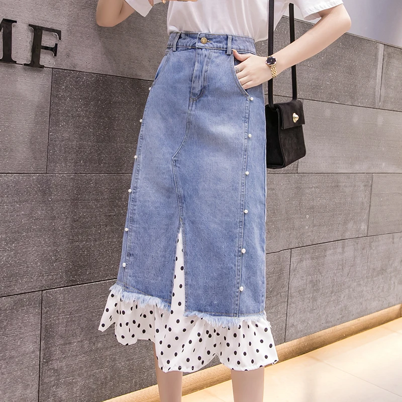 

Irregular Jean Skirts Women High Waist Ripped Beaded Denim Skirt Female 2024 New Straight Midi Skirts Zipper Fly Pocket Saias