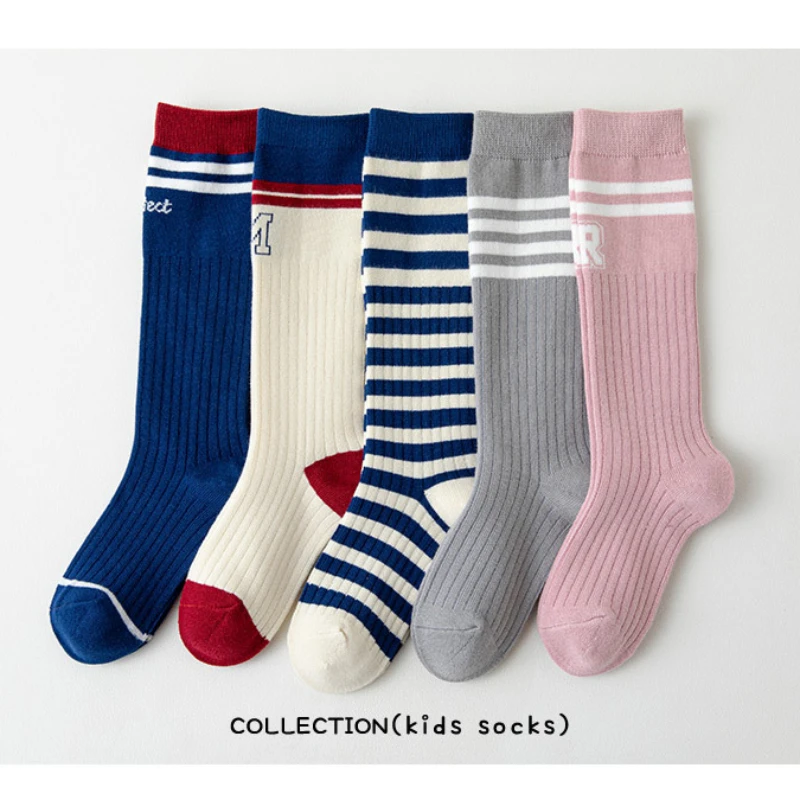 5 Pairs of Spring and Autumn Children\'s Striped Letters Fashion Boys Girls Student Sports Breathable Mid-tube Socks