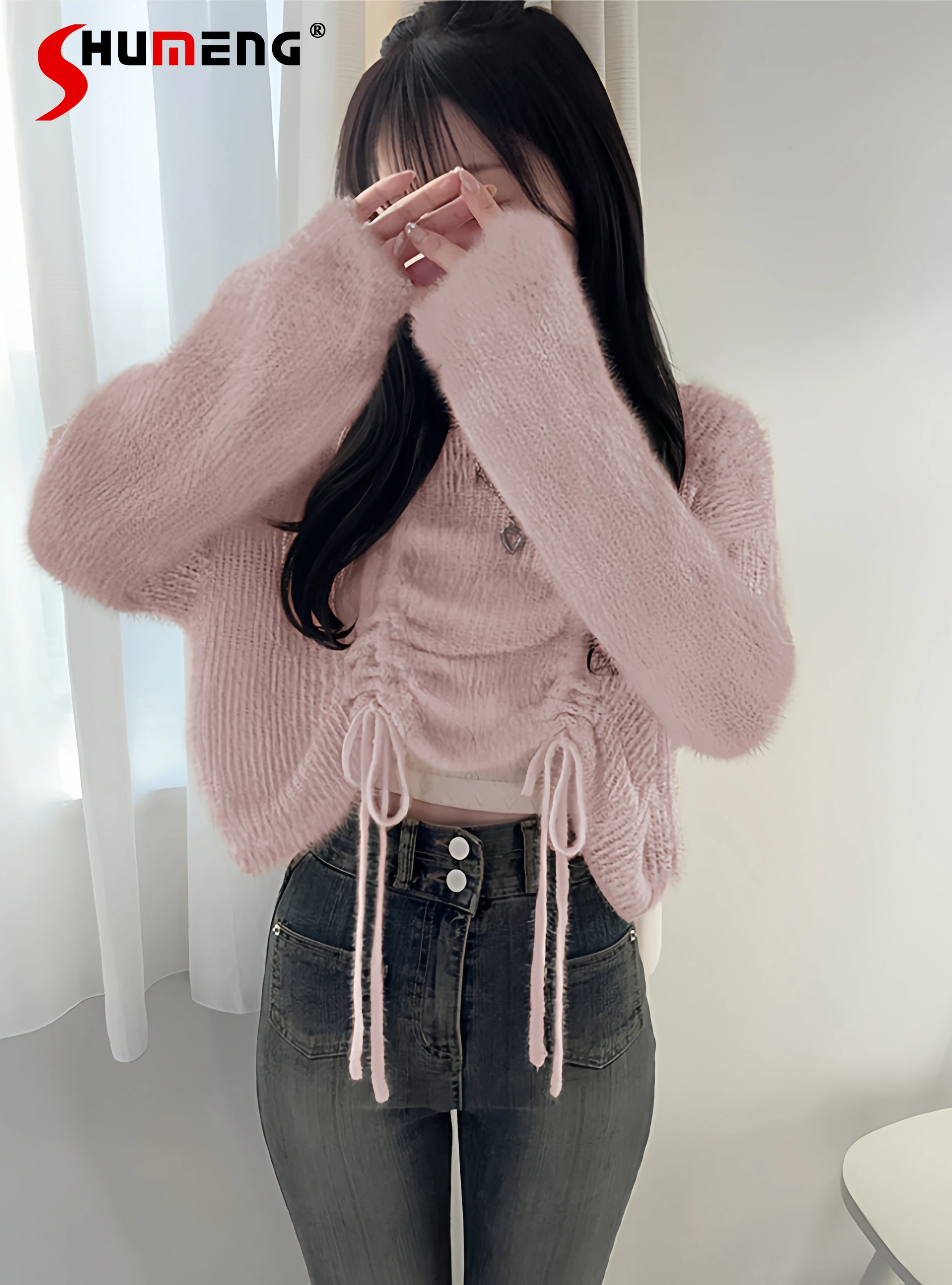 

Элегантные милые универсальные вязаные свитера на шнуровке в японском стиле с квадратным вырезом и длинными рукавами, короткие пуловеры для женщин, осень