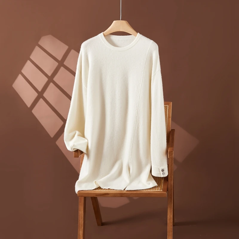 Autumn Winter Women 100% Cashmere Sweater Round Collar Pullover Soft Warm Cashmere Knitwear Long Sleeve Loose Mid-long Clothing