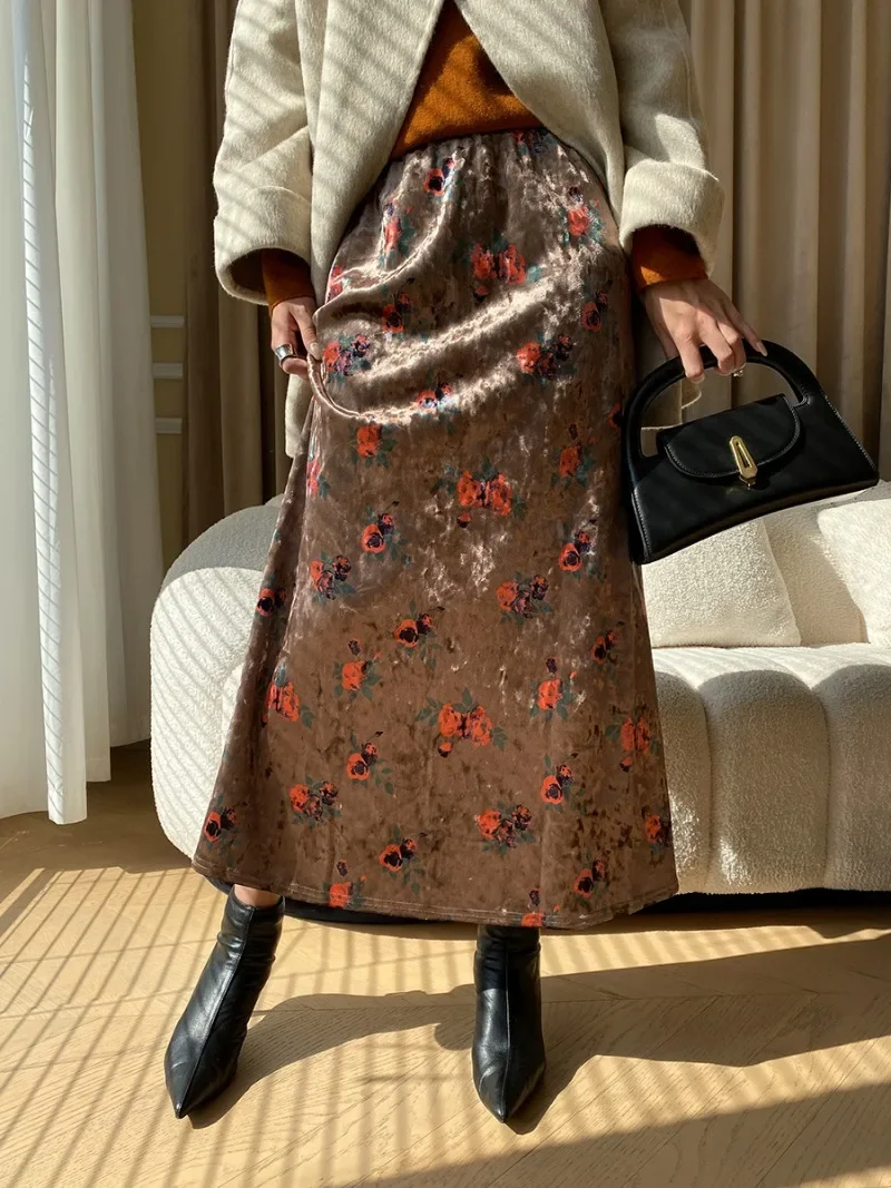 Vintage Floral Printed Velvet Skirts Women High Wasit A-line Slim Drape Midi Skirt 2024 Autumn Winter Korean Chic Elegant Faldas