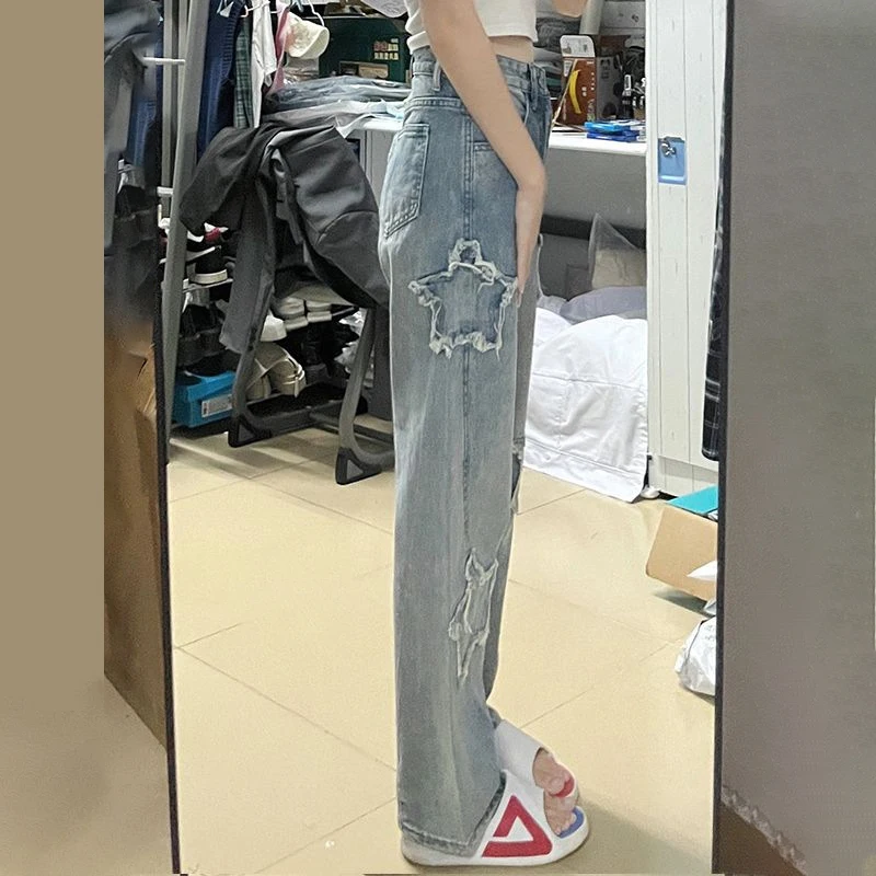 Sterne Patch Frauen Blau Jeans Neue Mode Y2K Quaste Hosen Korea Stil Gerade Hip Hop Spleißen Hosen Mädchen Streetwear