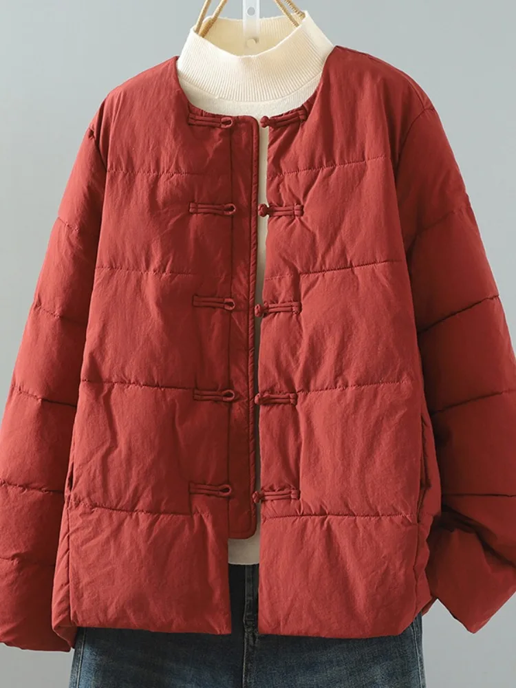 

Элитное красное ретро-пальто с пуговицами и круглым вырезом из хлопка для женщин, зимнее утепленное домашнее хлопковое пальто свободного кроя с длинными рукавами, однотонное