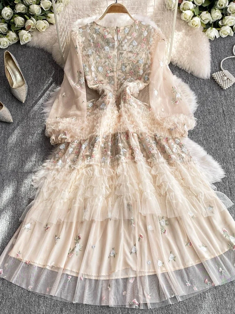 Ele Long Lace Dr with Embroidery And Bubble Sves Cake Sle Women's High Waist A-Line Skirt Autumn Season Faion