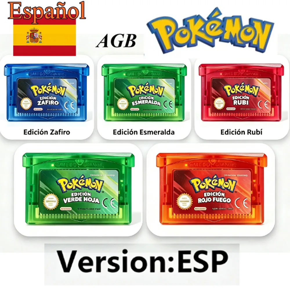 HOT  España GBA Game Pokemon Series 32 Bit Video Game Cartridge Console Card Pokemon Emerald FireRed Ruby LeafGreen Sapphire
