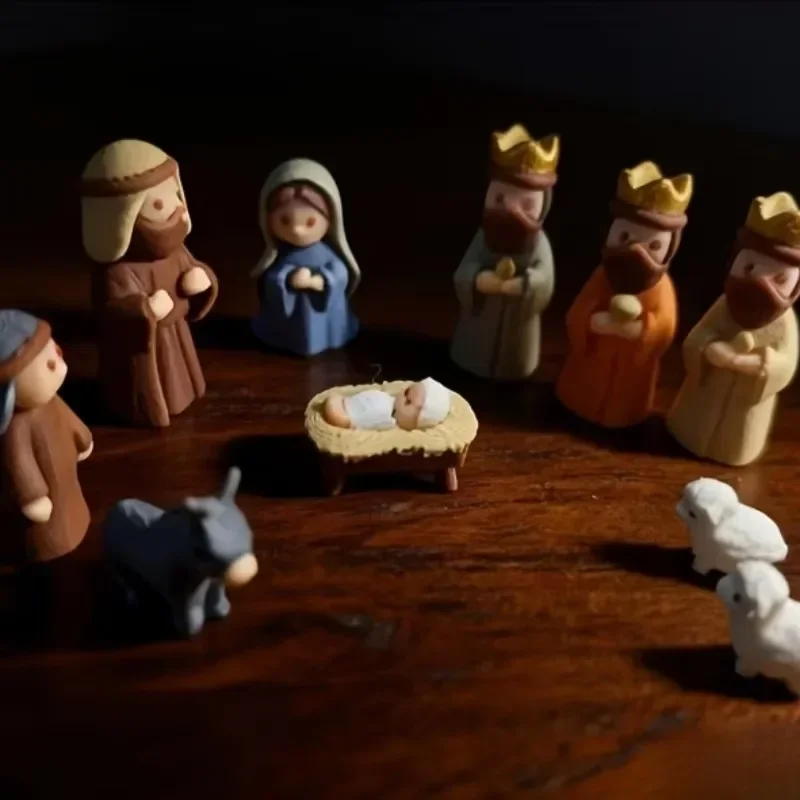 Kleines Weihnachtskrippenset in Eisenbox mit Tasche, Heilige Familie, Maria, Jesus, Hirtenfigur, Tierfiguren, Weihnachts- und Osterdekoration für den Schreibtisch, Geschenk – Detail 3