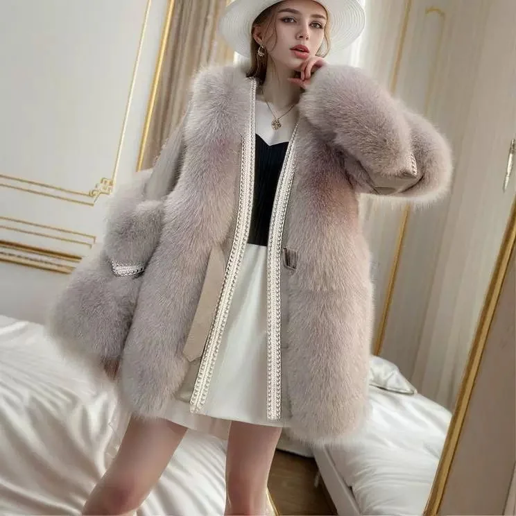 سترة نسائية من فراء الثعلب الصناعي ملابس خارجية شتوية من قطعة واحدة معطف هاينينغ أصل عصري ودافئ