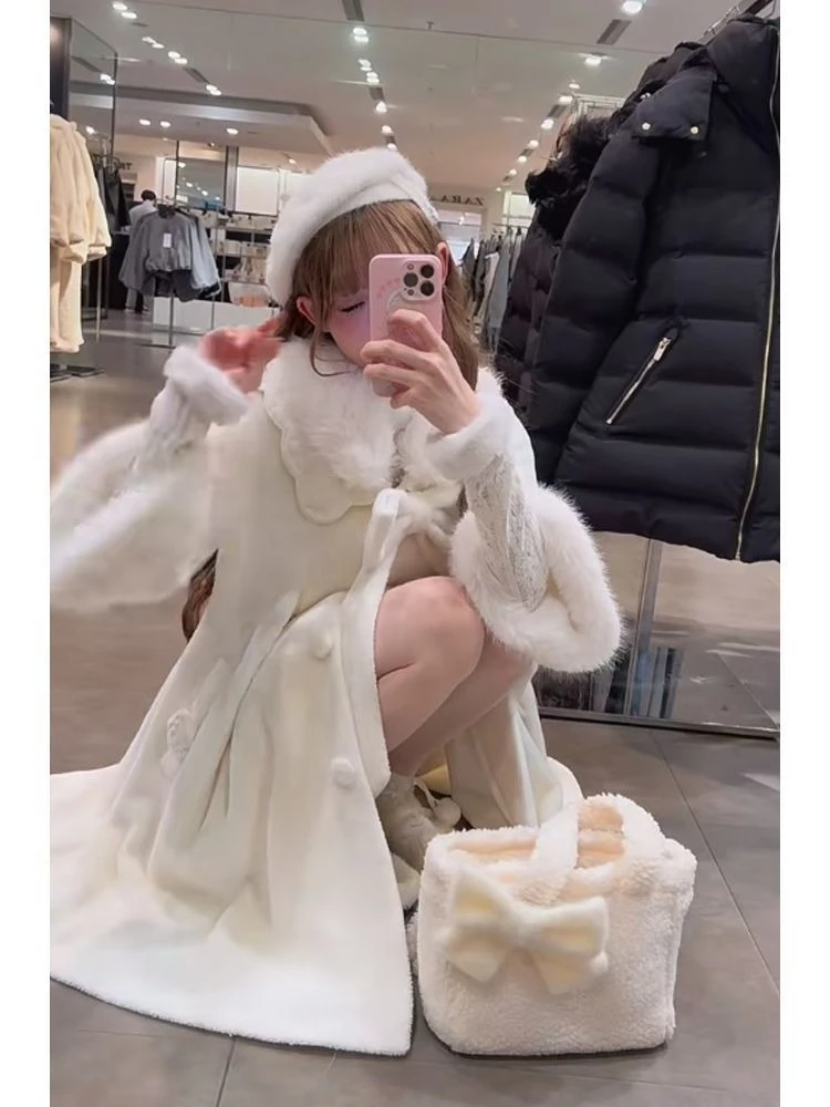 Winter Kawaii Vintage Capes Coat Female Party Elegant Solid Long Style Overcoat Women Design Bow Long Sleeve Lolita Warm Jacket