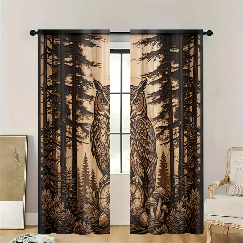 Rustic Forest Woodland Owl Curtain Semi-Sheer Nature Window Drapes for Cabin Cottage Core Home Decor Background Panels