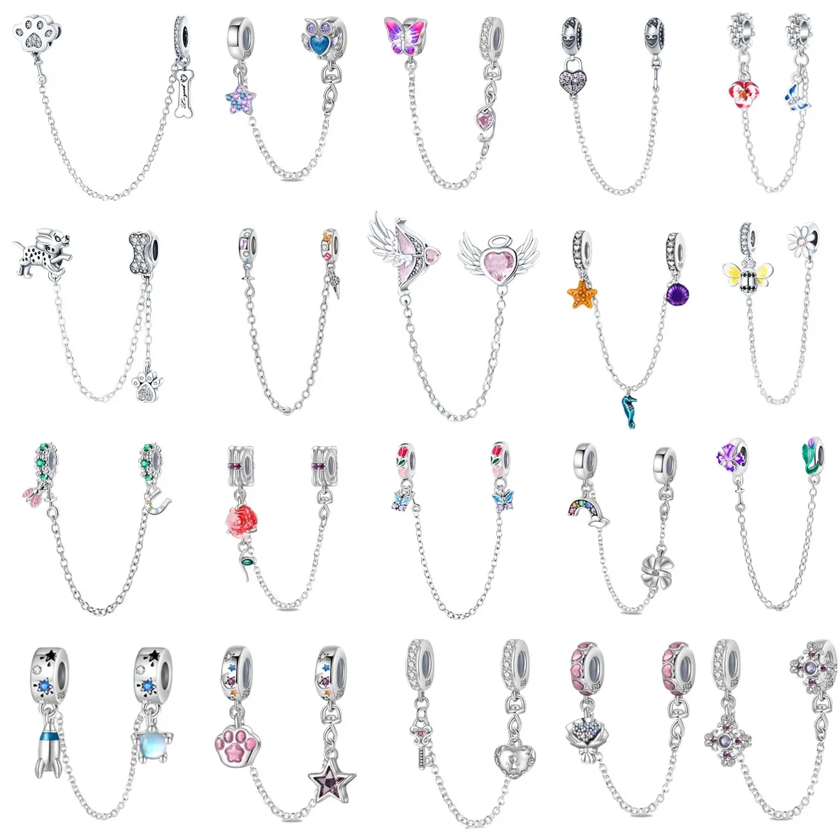 Original Sicherheitskette aus 925er-Sterlingsilber, Schmetterling, Biene, Hund, Blume, Regenbogen-Charms für DIY-Armband, Damen, Schmuck, Geschenk