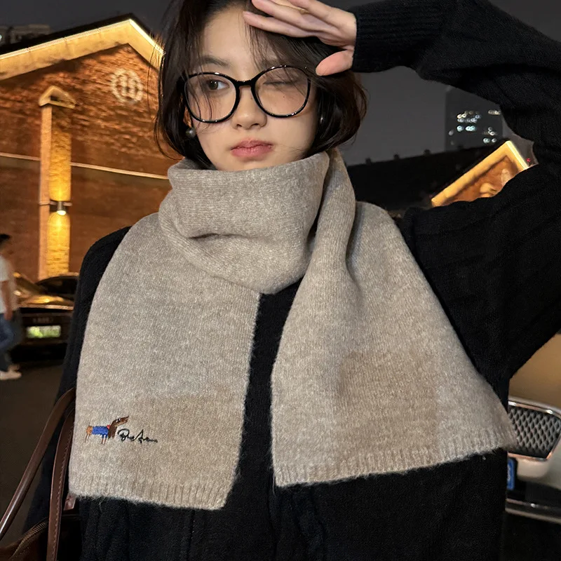 Korean Style New Cute Embroidered Puppy Solid Color Ins Scarf Beige Student High-grade Imitation Cashmere Scarf Women's Winter