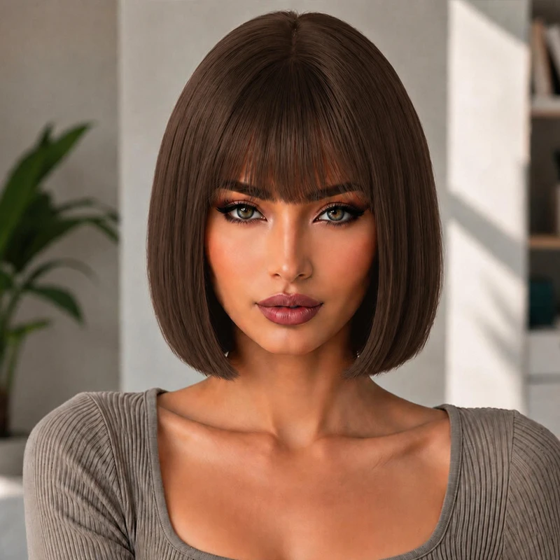 Dark brown 12-inch women's wig with bangs, heat-resistant synthetic wig, stylish, elegant and versatile.
