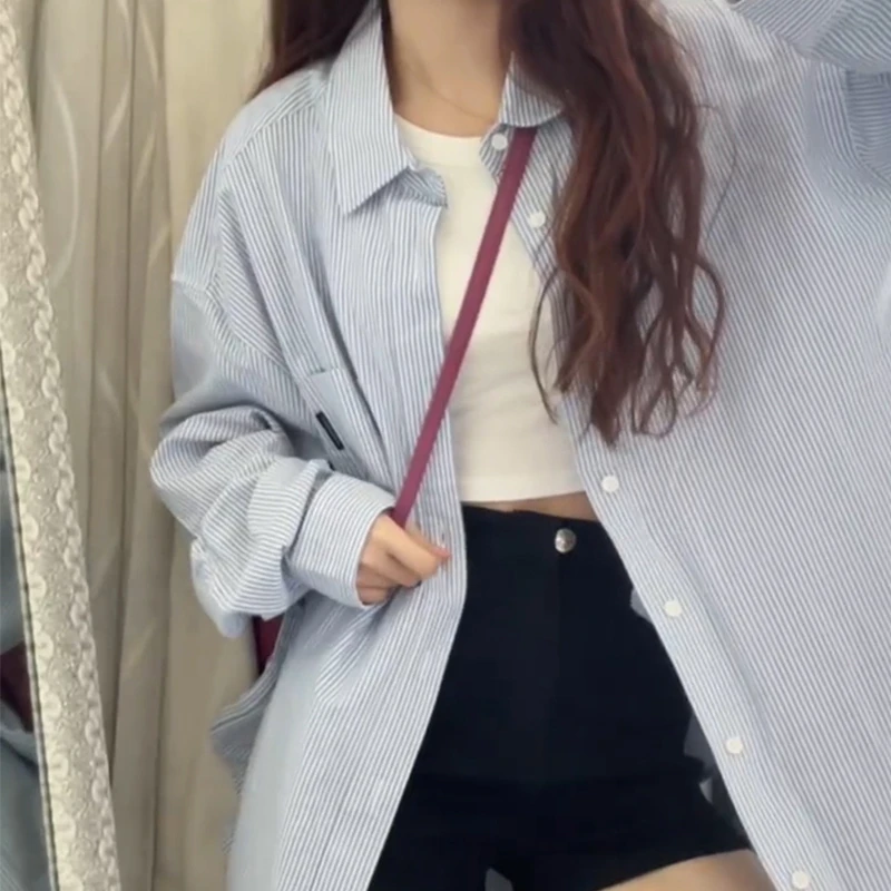 

Blue Striped Loose Long Sleeve Women's Shirt Korean Style Chic Versatile Design High End Feeling Summer Fashion Ladies' Shirt