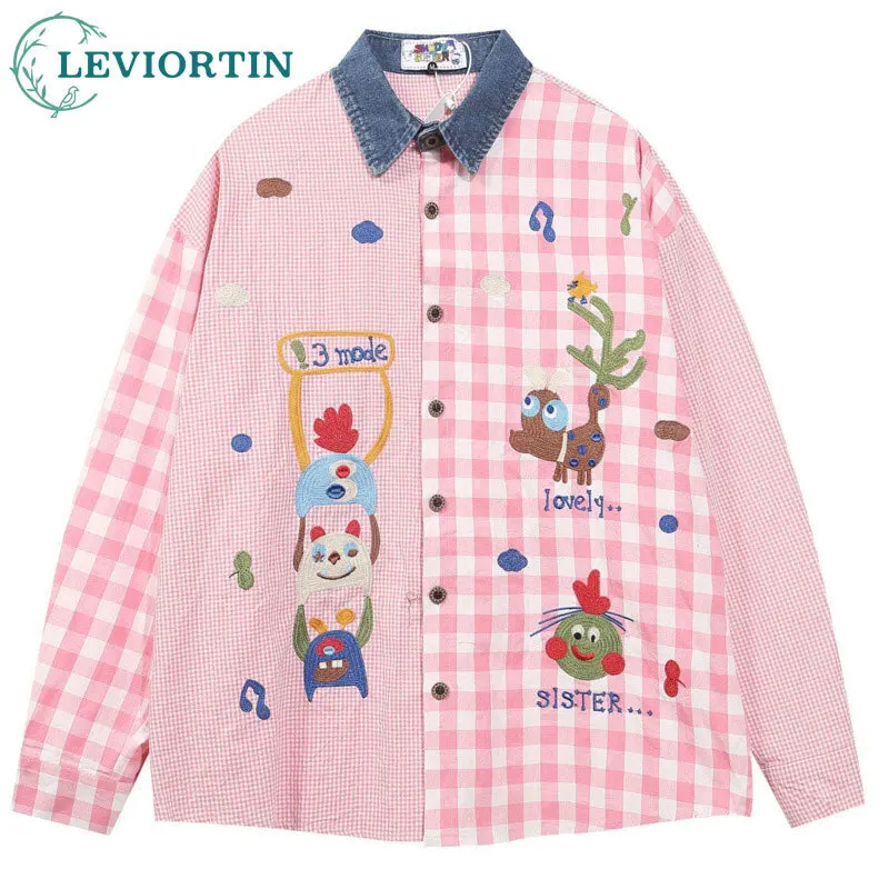 2025 Autumn Japanese Fun Cartoon Embroidery Cowboy Splicing Checkered Shirt Men's and Women's Loose Long Sleeve Top 3MO-C1281