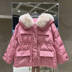 Large Natural Fox Fur Winter Jacket 90% White Duck Down Coat Women Puffer Fluffy Parkas Snow Coats