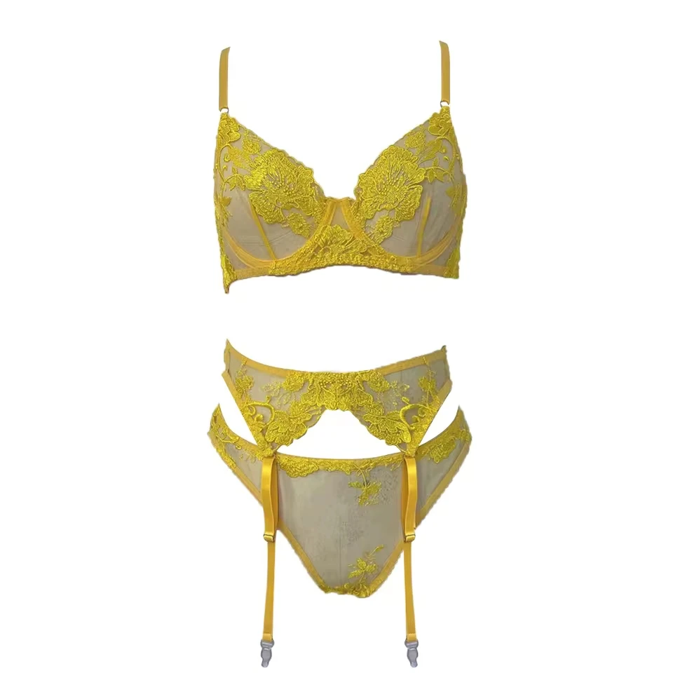 Sexy Women'S Underwear Set Women'S Fun Underwear Yellow Flower Embroidery Bra Sexy See Through Ropa Sexy Mujeres LenceríA Hot