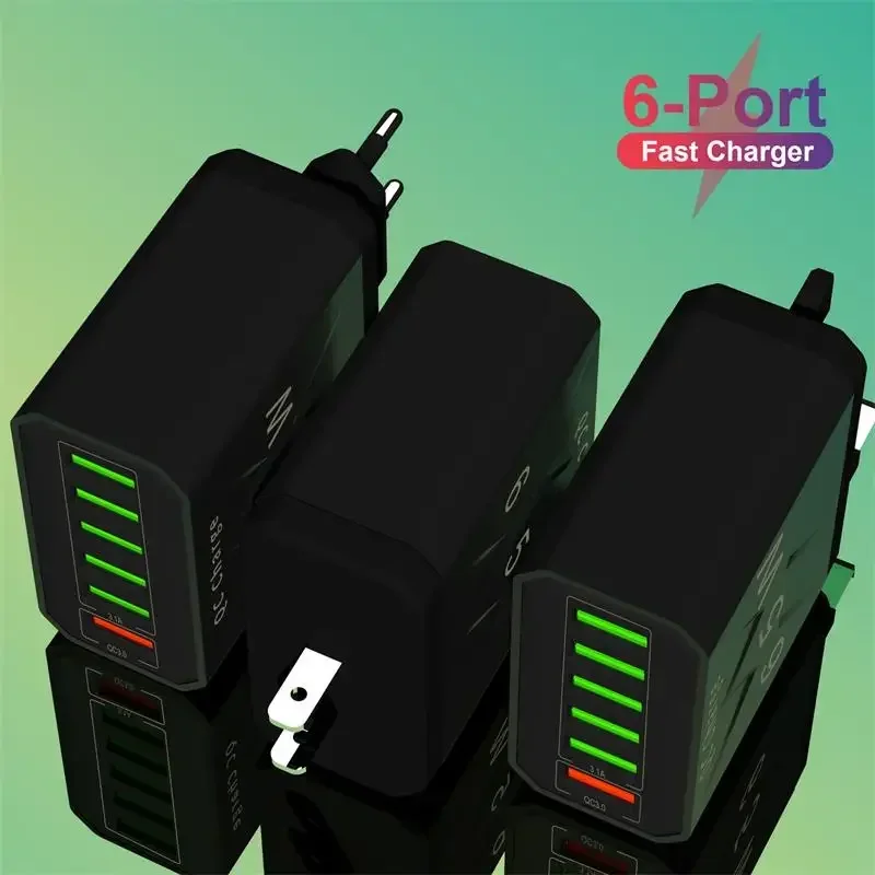 65W 6-port Usb Charger Quick Charge Qc 3.0 Travel Charger For Iphone Samsung Xiaomi Phone Adapter Eu Kr Us Uk Plug